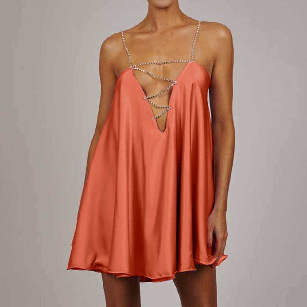 Diamond Chain Satin Swing Dress – Women’s Low Back Party & Club Dress with Crystal Straps