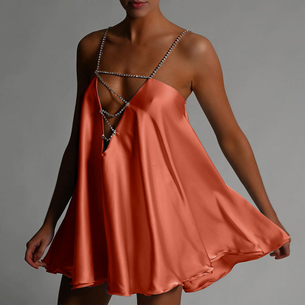Diamond Chain Satin Swing Dress – Women’s Low Back Party & Club Dress with Crystal Straps