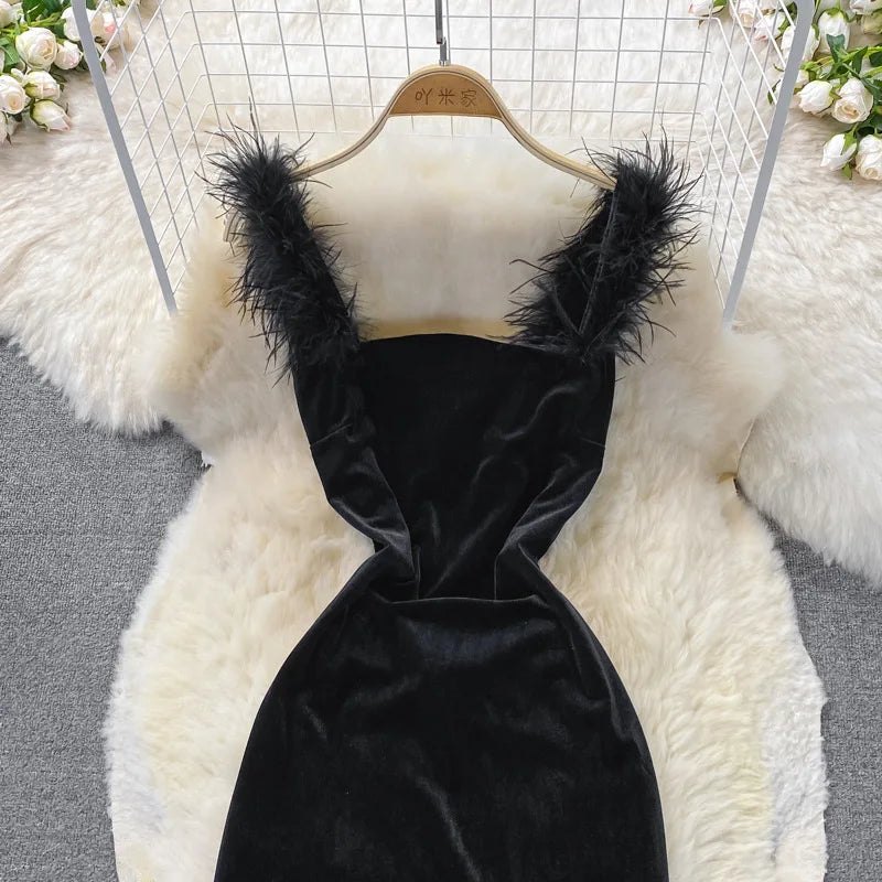 Gold Velvet Split Dress Tight Waist Show Thin Black Suspender Skirt Autumn and Winter New Narrow Casual Tank Dresses
