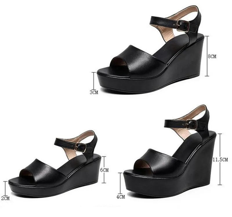BEYARNENew Black White Fish Mouth Genuine Leather Sandals Wedges Platform High Heeled Sandals6 / 8 / 11Cm Big Size Women Sandals