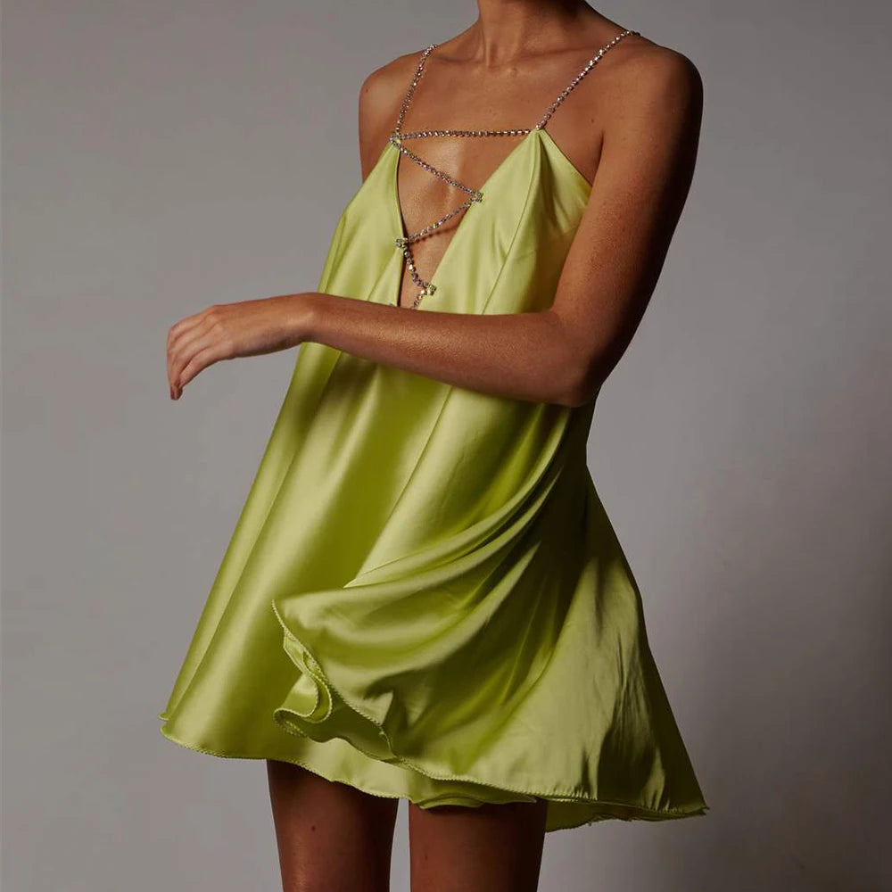 Diamond Chain Satin Swing Dress – Women’s Low Back Party & Club Dress with Crystal Straps