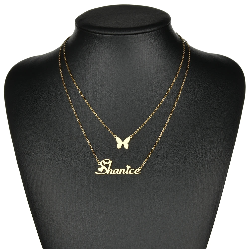Atoztide Customized Name Necklace Butterfly Choker Stainless Steel Letter Double Layers Chain Pendant Jewelry for Women Gift