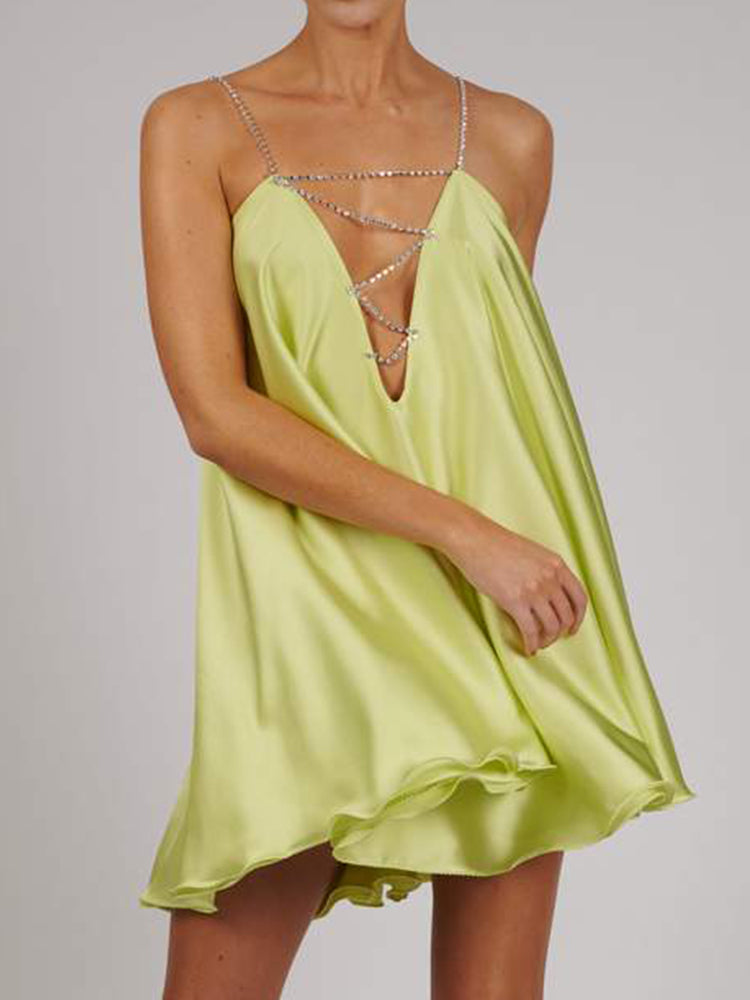 Diamond Chain Satin Swing Dress – Women’s Low Back Party & Club Dress with Crystal Straps