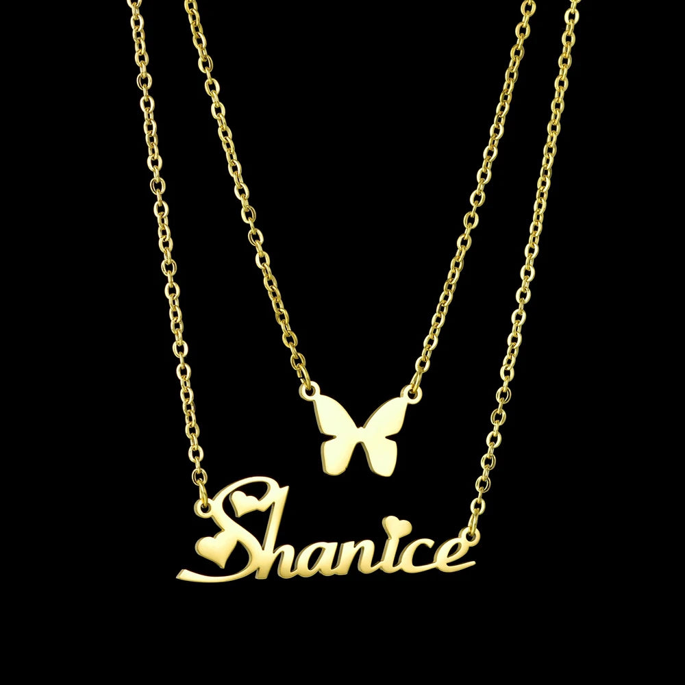 Atoztide Customized Name Necklace Butterfly Choker Stainless Steel Letter Double Layers Chain Pendant Jewelry for Women Gift