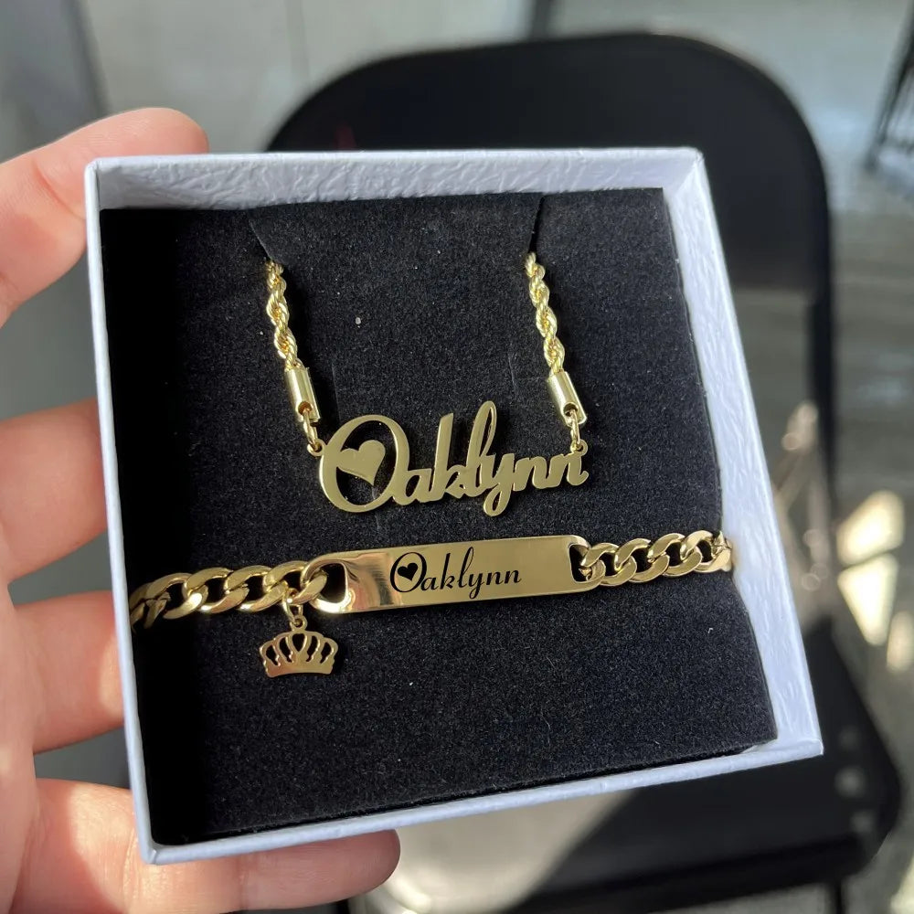 QIUHAN Cuban Crown Name Bracelet Letter Pendant Necklace for Kids Custom Boys Jewelry Set