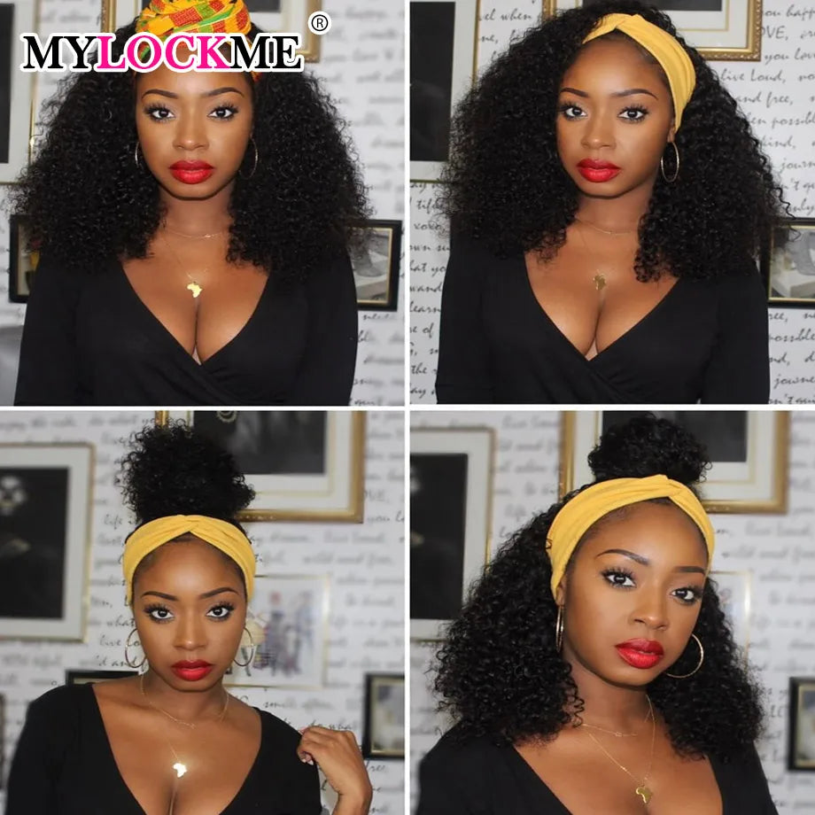 Kinky Curly Headband Wig – MYLOCKME Brazilian Remy Human Hair, 180% Density, Glueless Full Machine Made Wig for Women