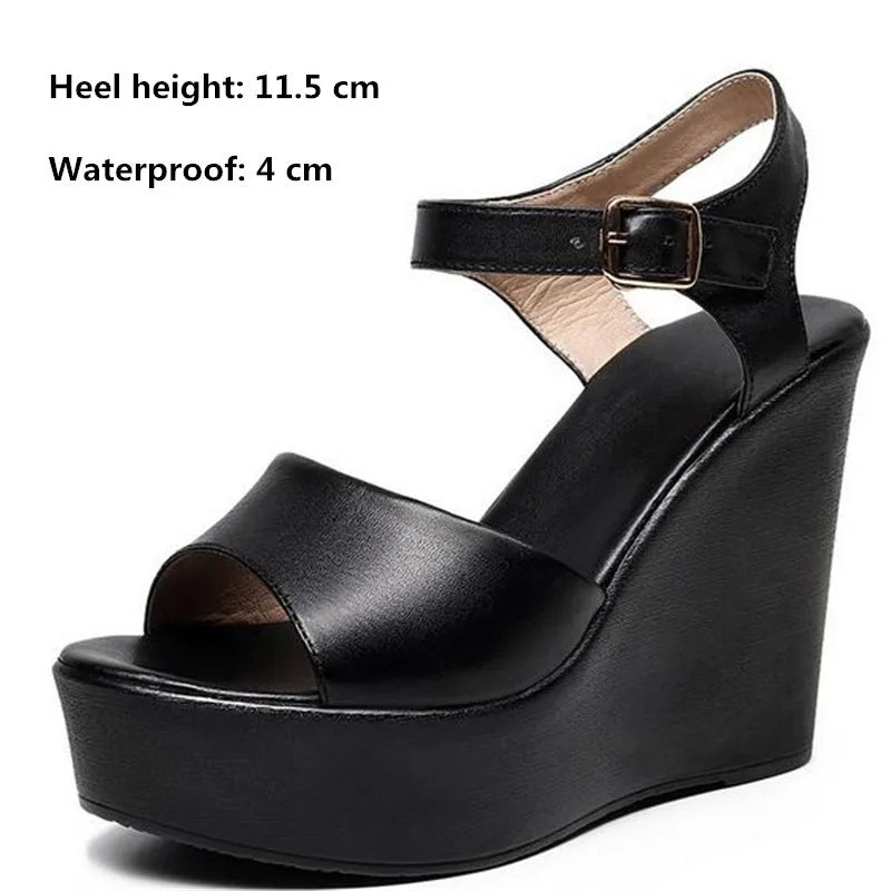 BEYARNENew Black White Fish Mouth Genuine Leather Sandals Wedges Platform High Heeled Sandals6 / 8 / 11Cm Big Size Women Sandals