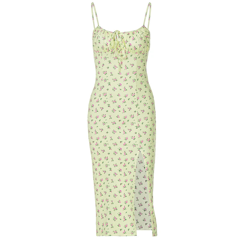 Hugcitar 2025 Floral Satin Slip Maxi Dress – Sleeveless Ruched Bandage Cut Out Party Dress