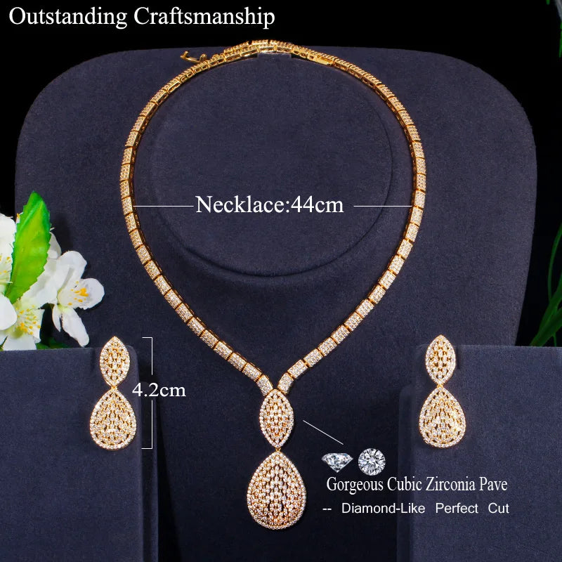 Luxury Big Water Drop Women Party Earrings and Necklace African Dubai Gold Plated Wedding Costume 4pcs Sets Jewelry Accessories