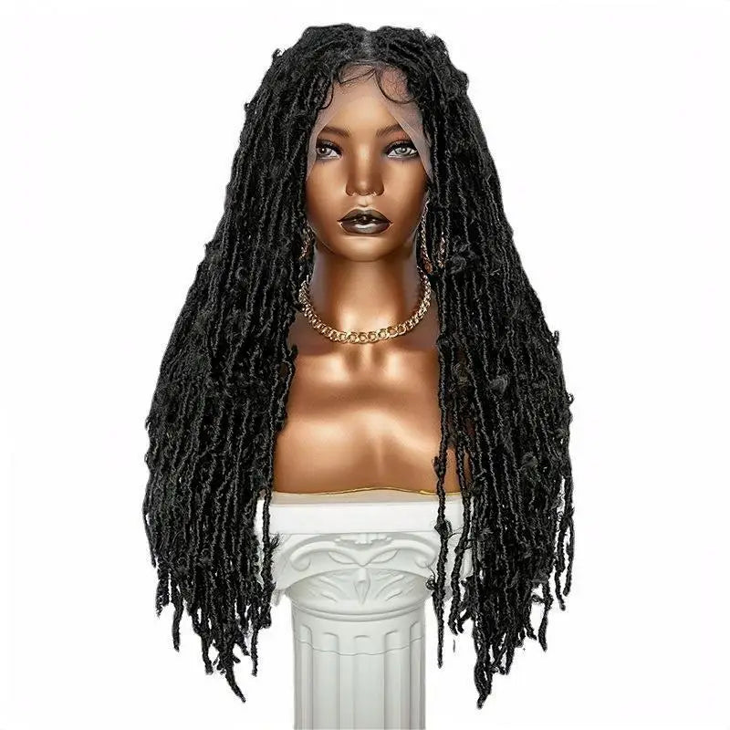 Natural Black 1B# 28-Inches Knotless Butterfly Locs Superior High Temperature Synthetic Fibre 13x6 Front Lace Long Baby Hair Wig