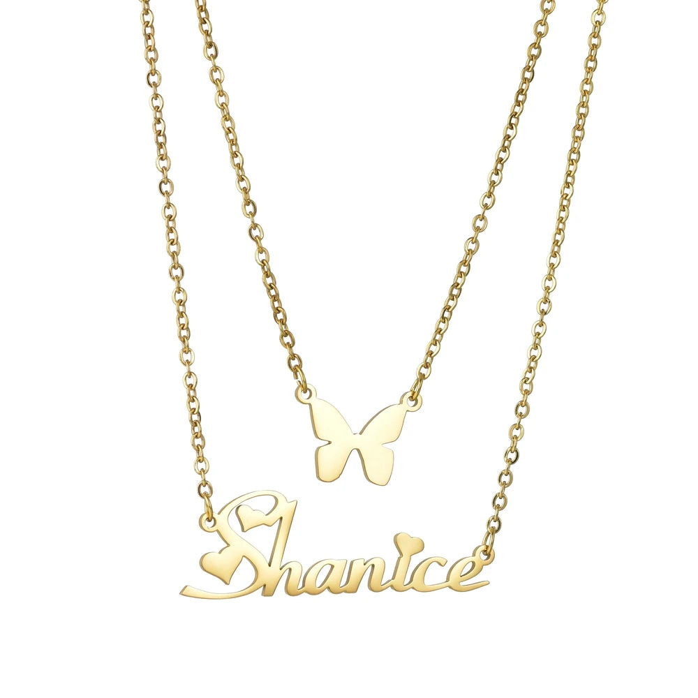 Atoztide Customized Name Necklace Butterfly Choker Stainless Steel Letter Double Layers Chain Pendant Jewelry for Women Gift