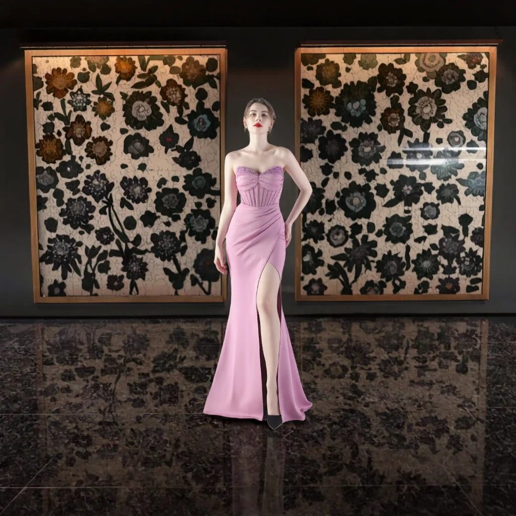 High-End Empire Waistline Fishbone Bead Mold Evening Dress Beach Silhouette Cashmere Satin Floor-Length with Bow Collar