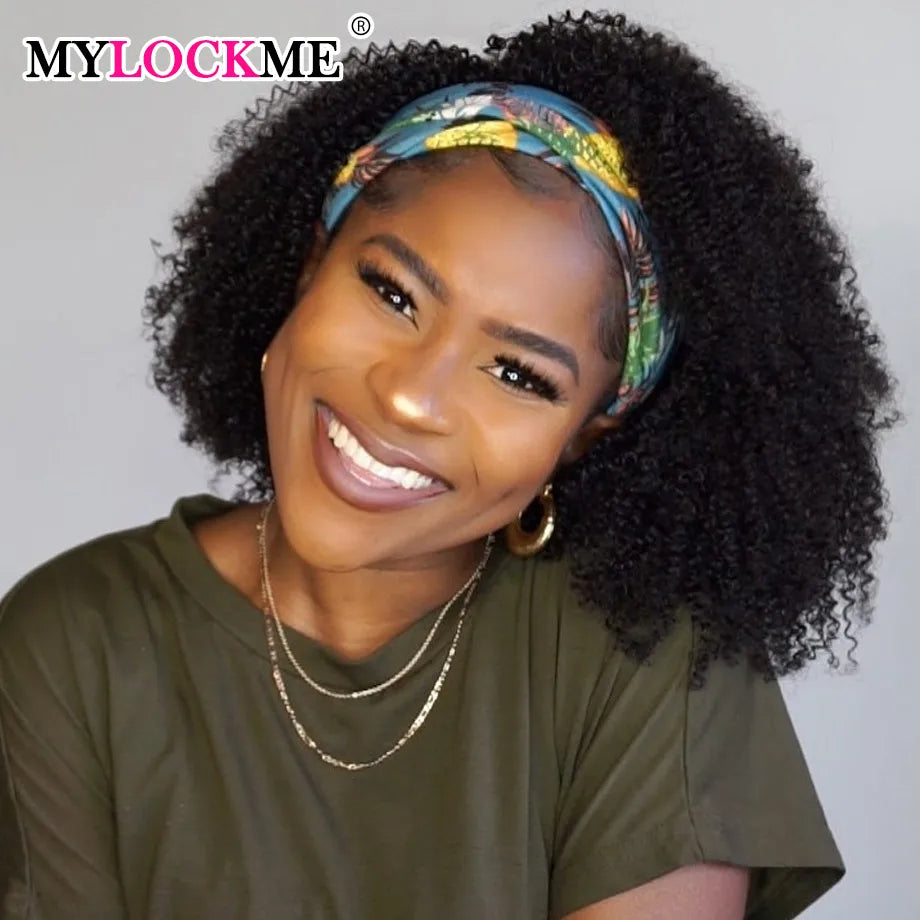 Kinky Curly Headband Wig – MYLOCKME Brazilian Remy Human Hair, 180% Density, Glueless Full Machine Made Wig for Women