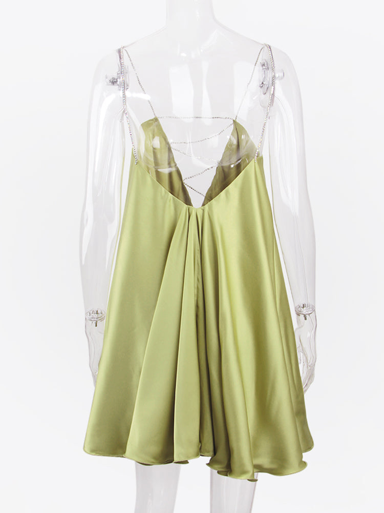 Diamond Chain Satin Swing Dress – Women’s Low Back Party & Club Dress with Crystal Straps