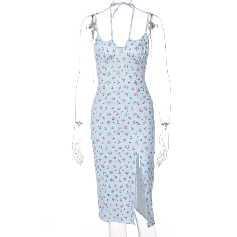 Hugcitar 2025 Floral Satin Slip Maxi Dress – Sleeveless Ruched Bandage Cut Out Party Dress