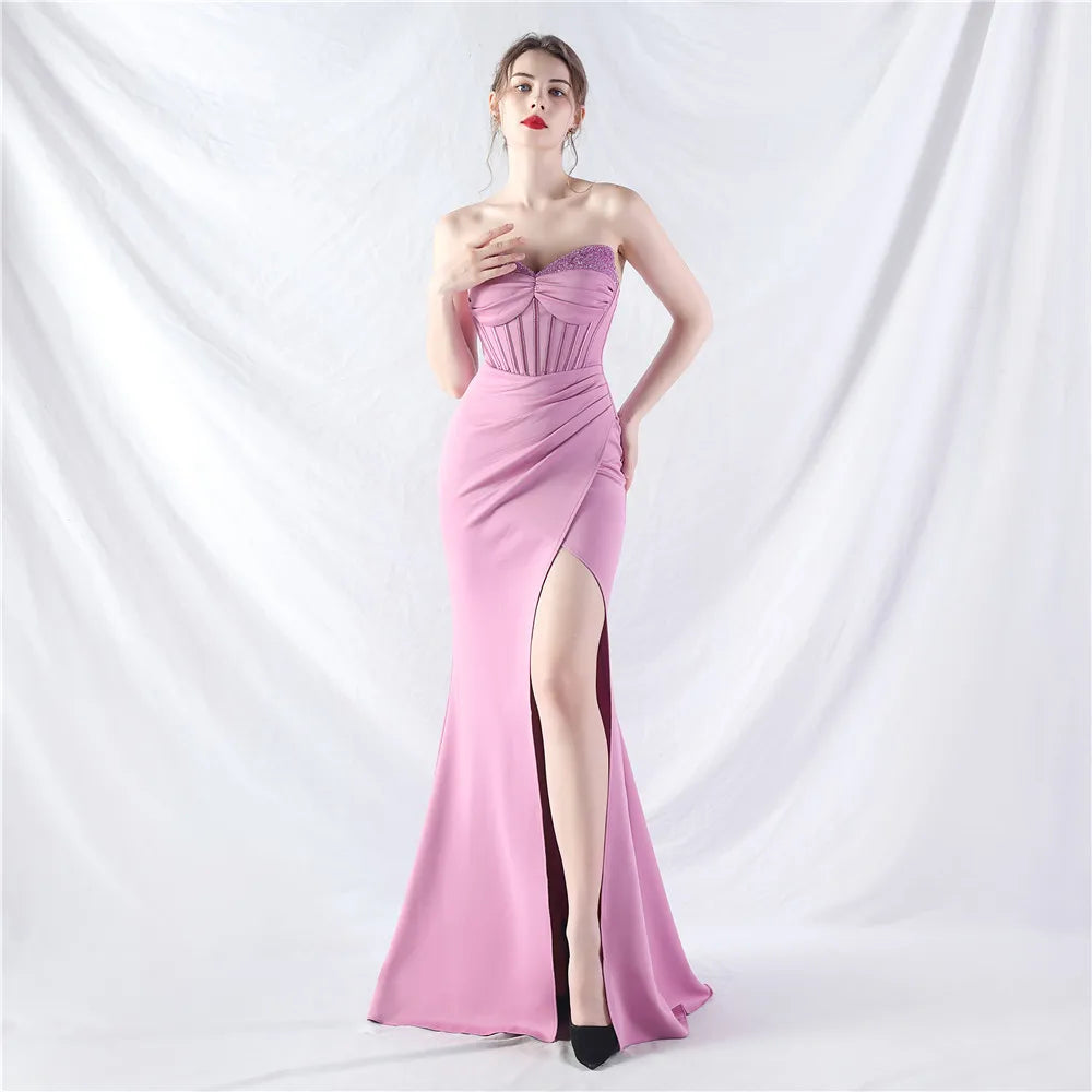 High-End Empire Waistline Fishbone Bead Mold Evening Dress Beach Silhouette Cashmere Satin Floor-Length with Bow Collar