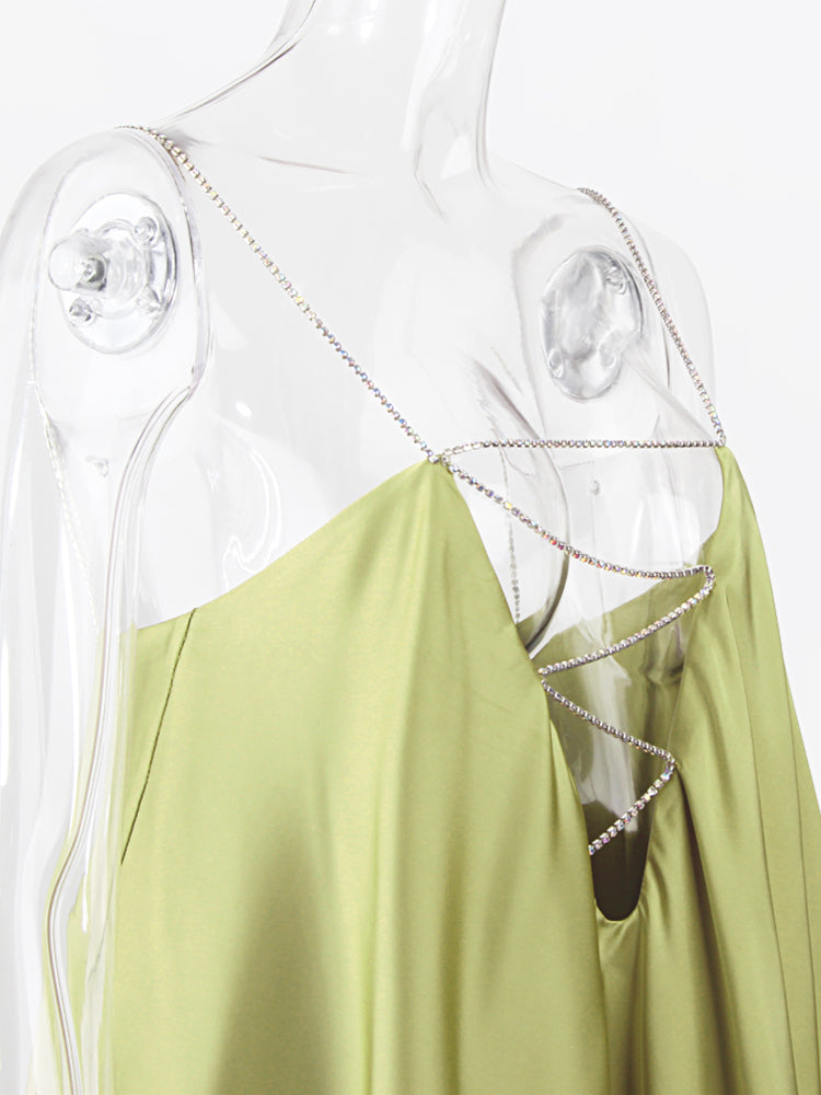 Diamond Chain Satin Swing Dress – Women’s Low Back Party & Club Dress with Crystal Straps