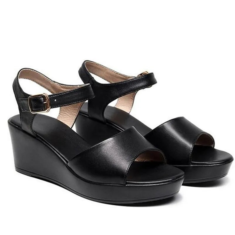 BEYARNENew Black White Fish Mouth Genuine Leather Sandals Wedges Platform High Heeled Sandals6 / 8 / 11Cm Big Size Women Sandals