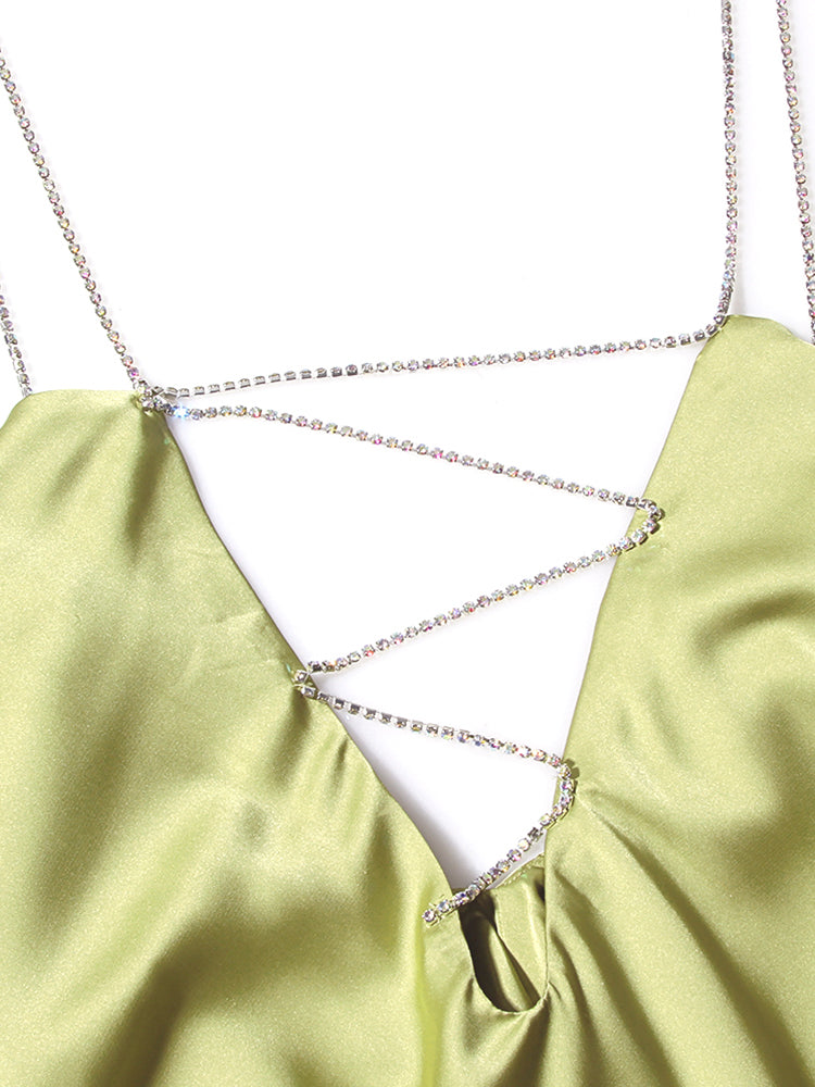 Diamond Chain Satin Swing Dress – Women’s Low Back Party & Club Dress with Crystal Straps