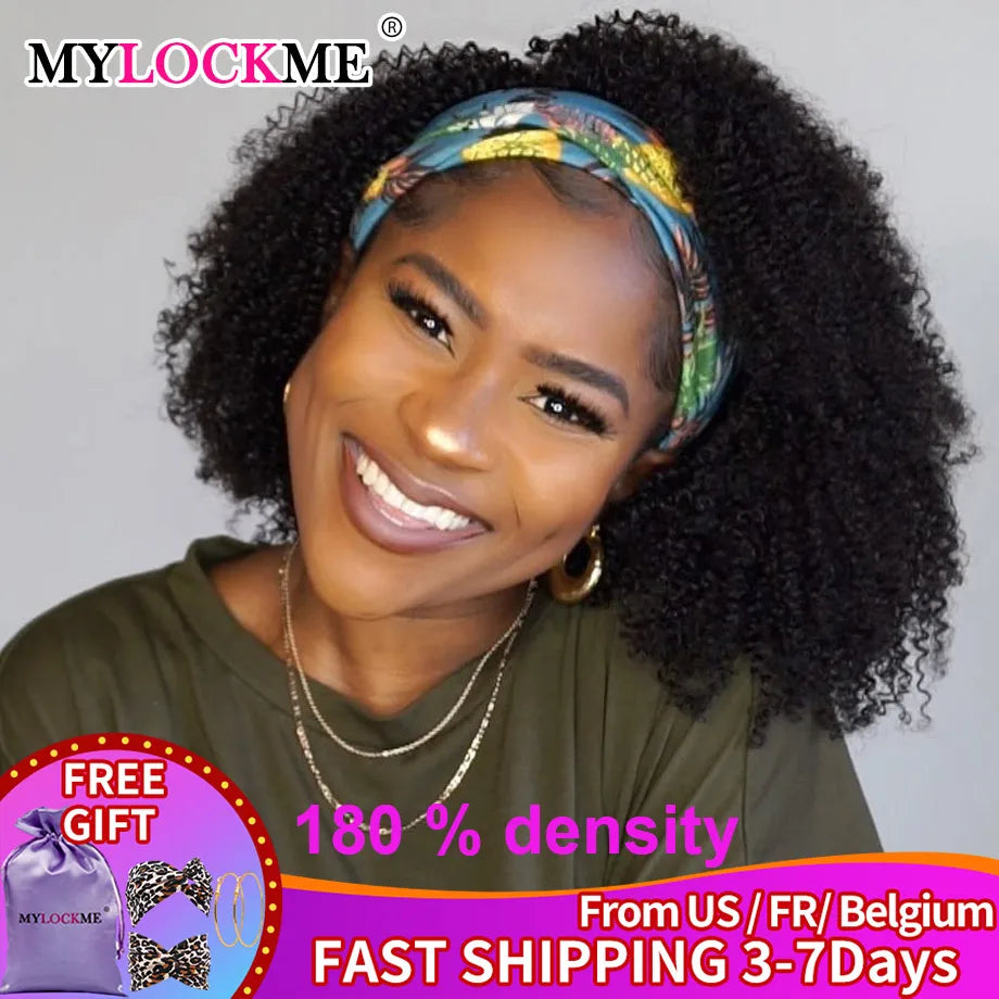 Kinky Curly Headband Wig – MYLOCKME Brazilian Remy Human Hair, 180% Density, Glueless Full Machine Made Wig for Women