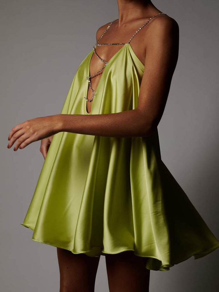 Diamond Chain Satin Swing Dress – Women’s Low Back Party & Club Dress with Crystal Straps