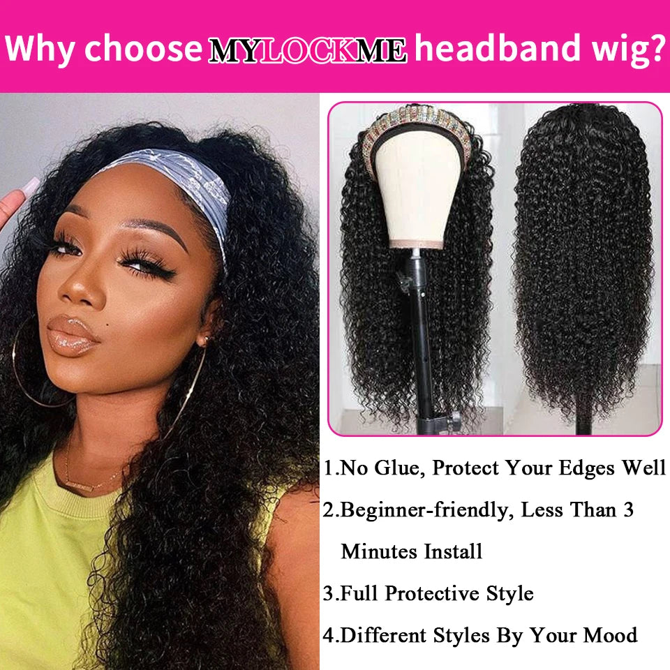 Kinky Curly Headband Wig – MYLOCKME Brazilian Remy Human Hair, 180% Density, Glueless Full Machine Made Wig for Women