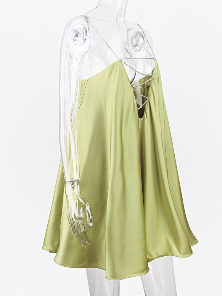Diamond Chain Satin Swing Dress – Women’s Low Back Party & Club Dress with Crystal Straps