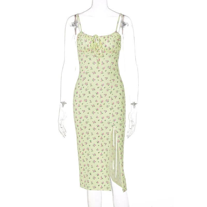Hugcitar 2025 Floral Satin Slip Maxi Dress – Sleeveless Ruched Bandage Cut Out Party Dress