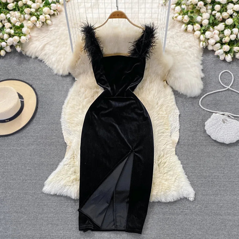 Gold Velvet Split Dress Tight Waist Show Thin Black Suspender Skirt Autumn and Winter New Narrow Casual Tank Dresses
