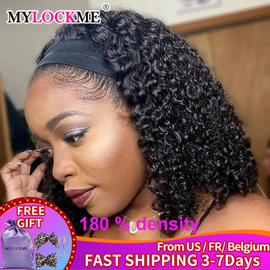 Kinky Curly Headband Wig – MYLOCKME Brazilian Remy Human Hair, 180% Density, Glueless Full Machine Made Wig for Women