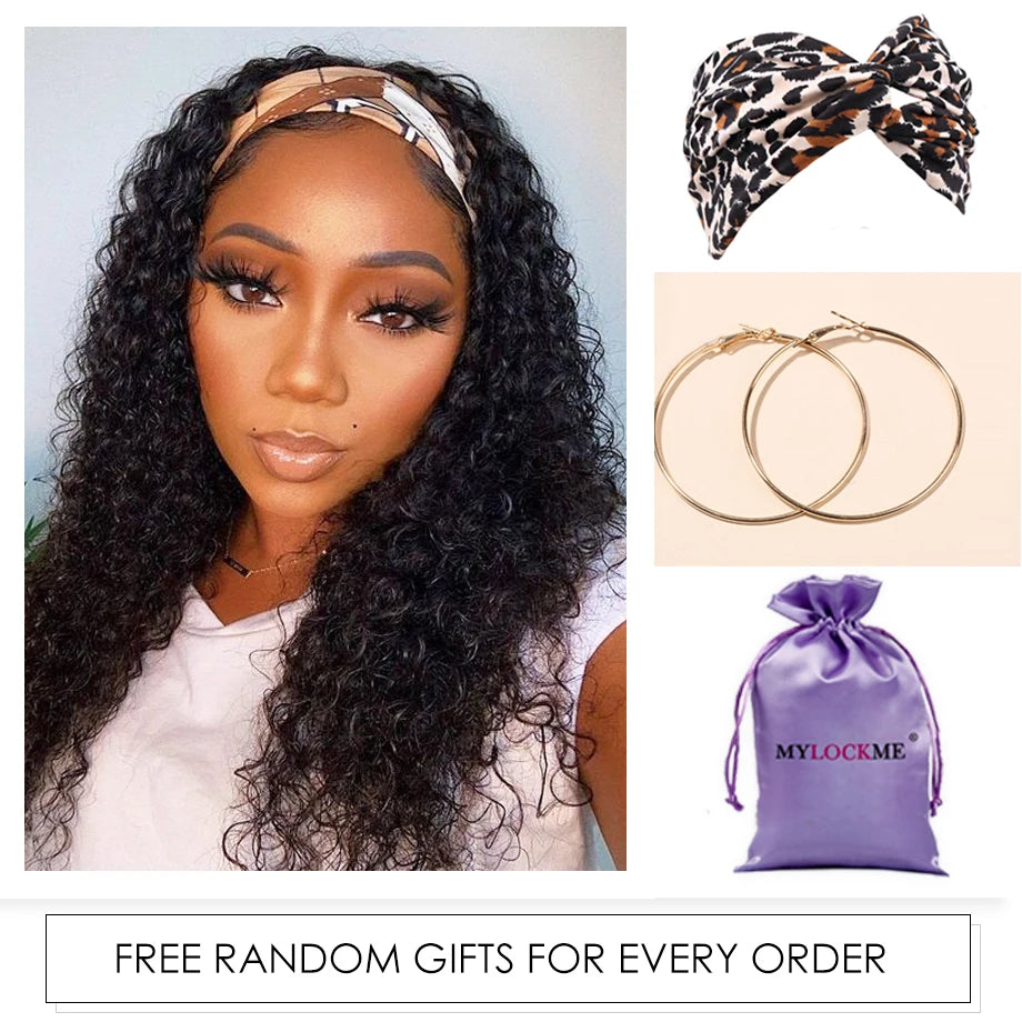 Kinky Curly Headband Wig – MYLOCKME Brazilian Remy Human Hair, 180% Density, Glueless Full Machine Made Wig for Women
