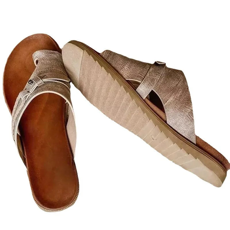Women's Glitter Flat Sandals New Trend Korean Style Ruizi Beach PU Leather Toe Clip Casual Slides EVA Insole Walking Slippers
