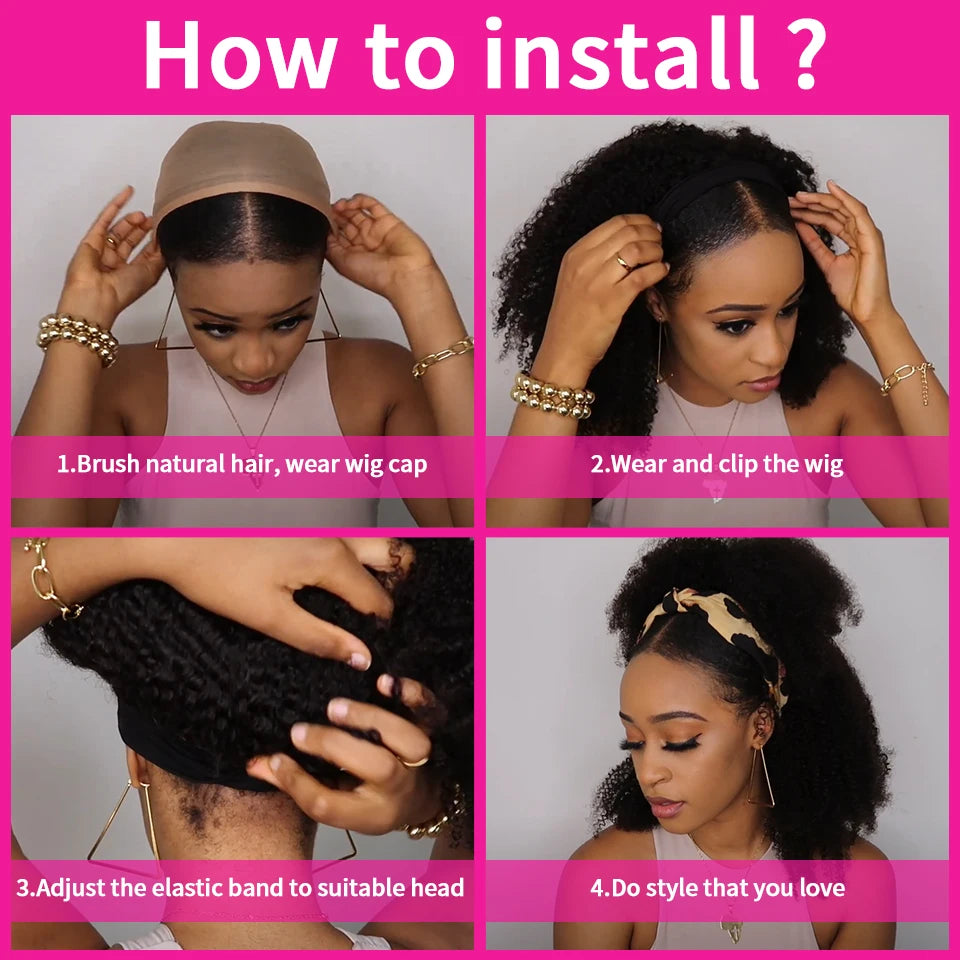 Kinky Curly Headband Wig – MYLOCKME Brazilian Remy Human Hair, 180% Density, Glueless Full Machine Made Wig for Women