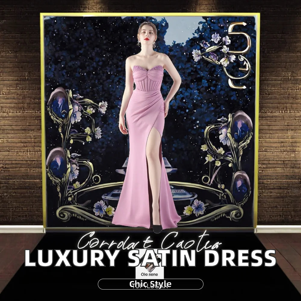 High-End Empire Waistline Fishbone Bead Mold Evening Dress Beach Silhouette Cashmere Satin Floor-Length with Bow Collar