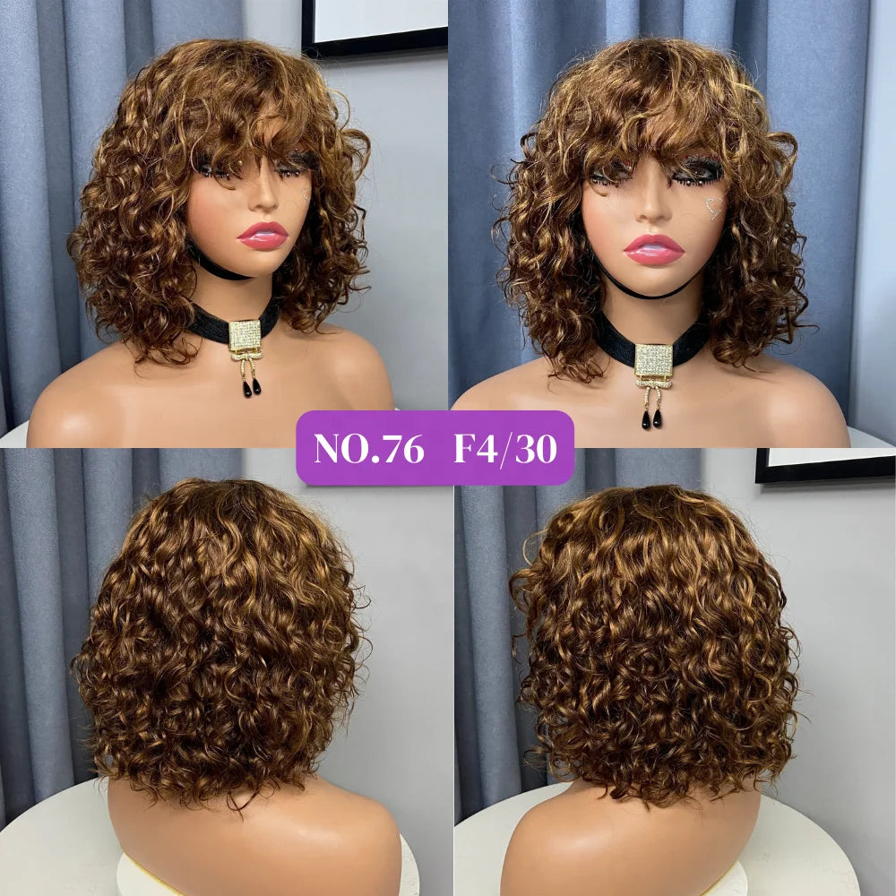 Hot Wear and Go Human Hair Wigs,Cheap Raw Vietnamese Hair Highlight Color Wig With Bang,10 Inch 200 Density Highlight Color Wigs
