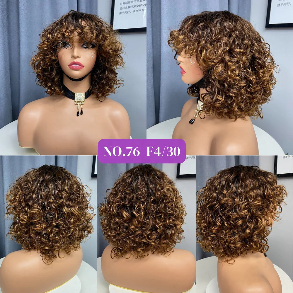 Hot Wear and Go Human Hair Wigs,Cheap Raw Vietnamese Hair Highlight Color Wig With Bang,10 Inch 200 Density Highlight Color Wigs