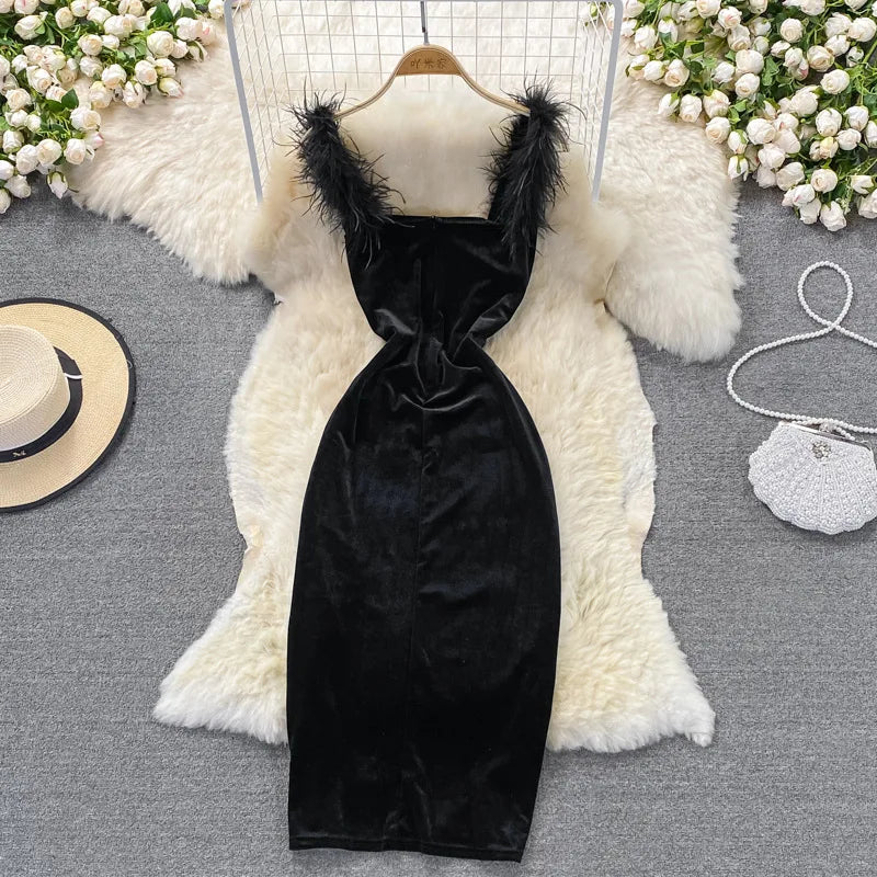 Gold Velvet Split Dress Tight Waist Show Thin Black Suspender Skirt Autumn and Winter New Narrow Casual Tank Dresses