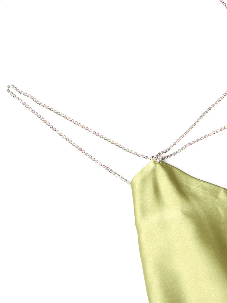 Diamond Chain Satin Swing Dress – Women’s Low Back Party & Club Dress with Crystal Straps
