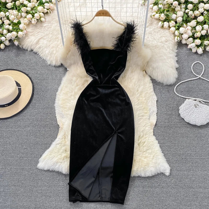 Gold Velvet Split Dress Tight Waist Show Thin Black Suspender Skirt Autumn and Winter New Narrow Casual Tank Dresses
