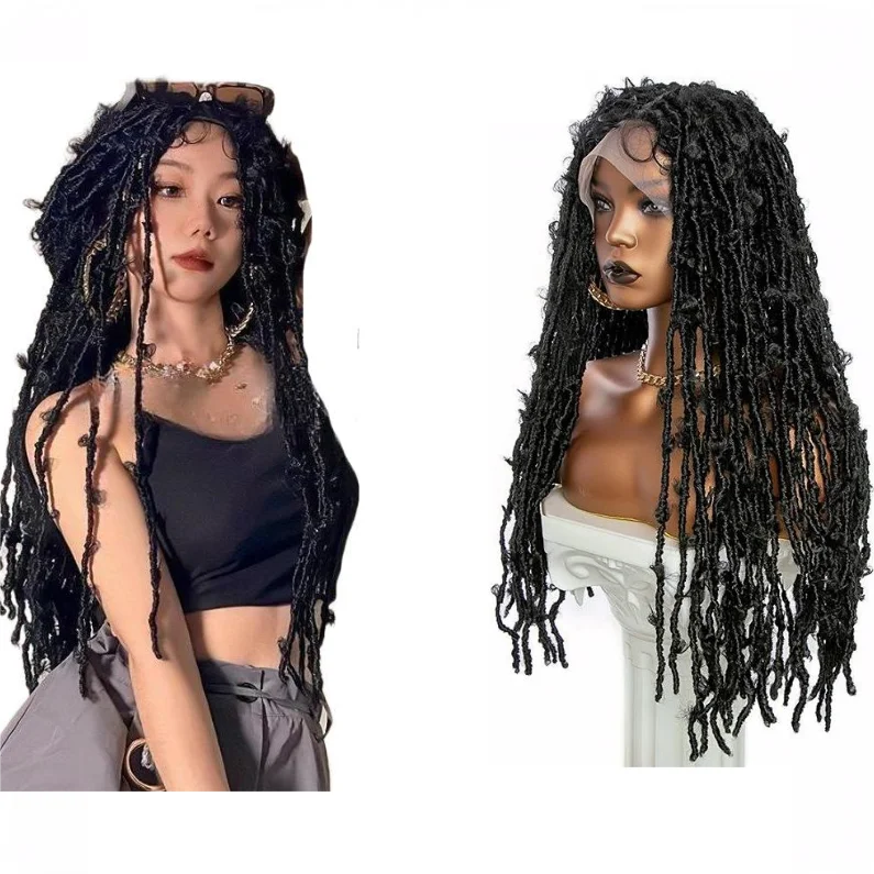 Natural Black 1B# 28-Inches Knotless Butterfly Locs Superior High Temperature Synthetic Fibre 13x6 Front Lace Long Baby Hair Wig