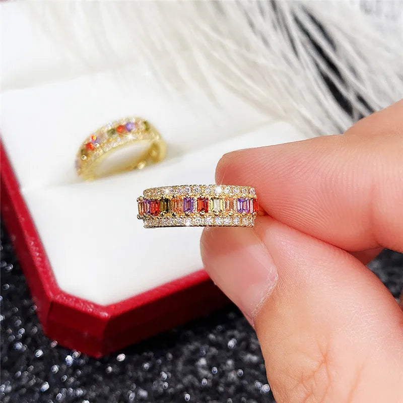 Huitan Gold Color Hoop Earrings for Women Luxury Inlaid Rainbow Cubic Zirconia Modern Girls Fashion Ear Accessories Hot Jewelry