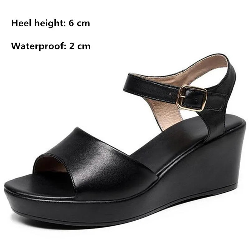BEYARNENew Black White Fish Mouth Genuine Leather Sandals Wedges Platform High Heeled Sandals6 / 8 / 11Cm Big Size Women Sandals