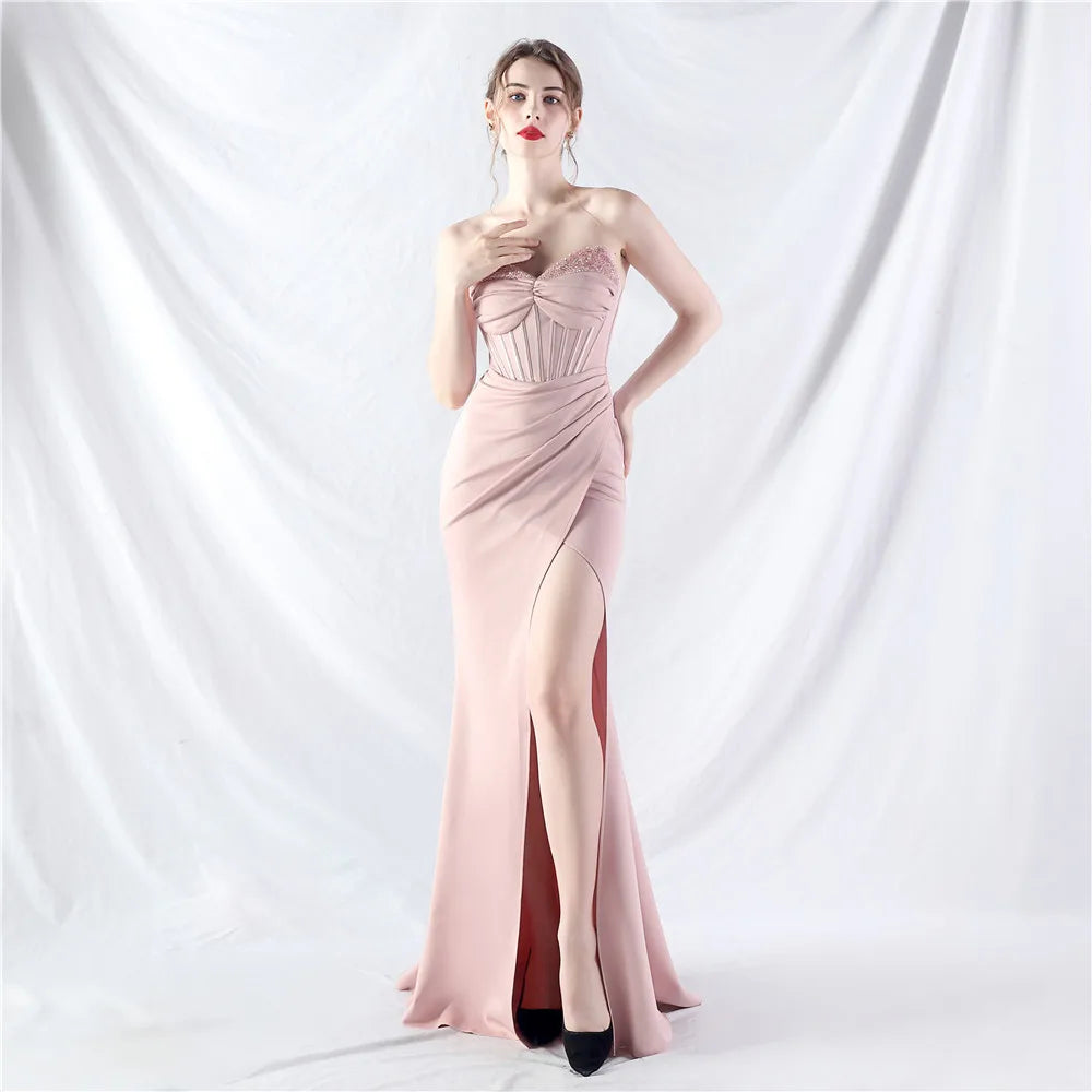 High-End Empire Waistline Fishbone Bead Mold Evening Dress Beach Silhouette Cashmere Satin Floor-Length with Bow Collar