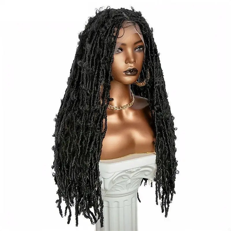 Natural Black 1B# 28-Inches Knotless Butterfly Locs Superior High Temperature Synthetic Fibre 13x6 Front Lace Long Baby Hair Wig