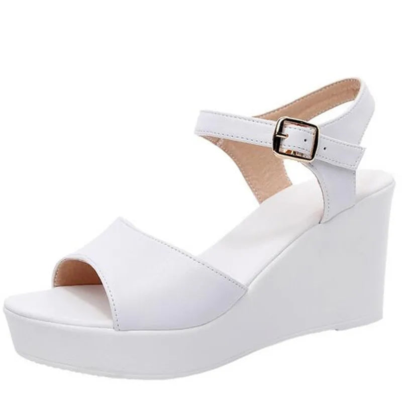 BEYARNENew Black White Fish Mouth Genuine Leather Sandals Wedges Platform High Heeled Sandals6 / 8 / 11Cm Big Size Women Sandals