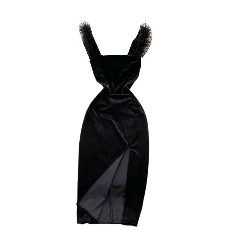 Gold Velvet Split Dress Tight Waist Show Thin Black Suspender Skirt Autumn and Winter New Narrow Casual Tank Dresses