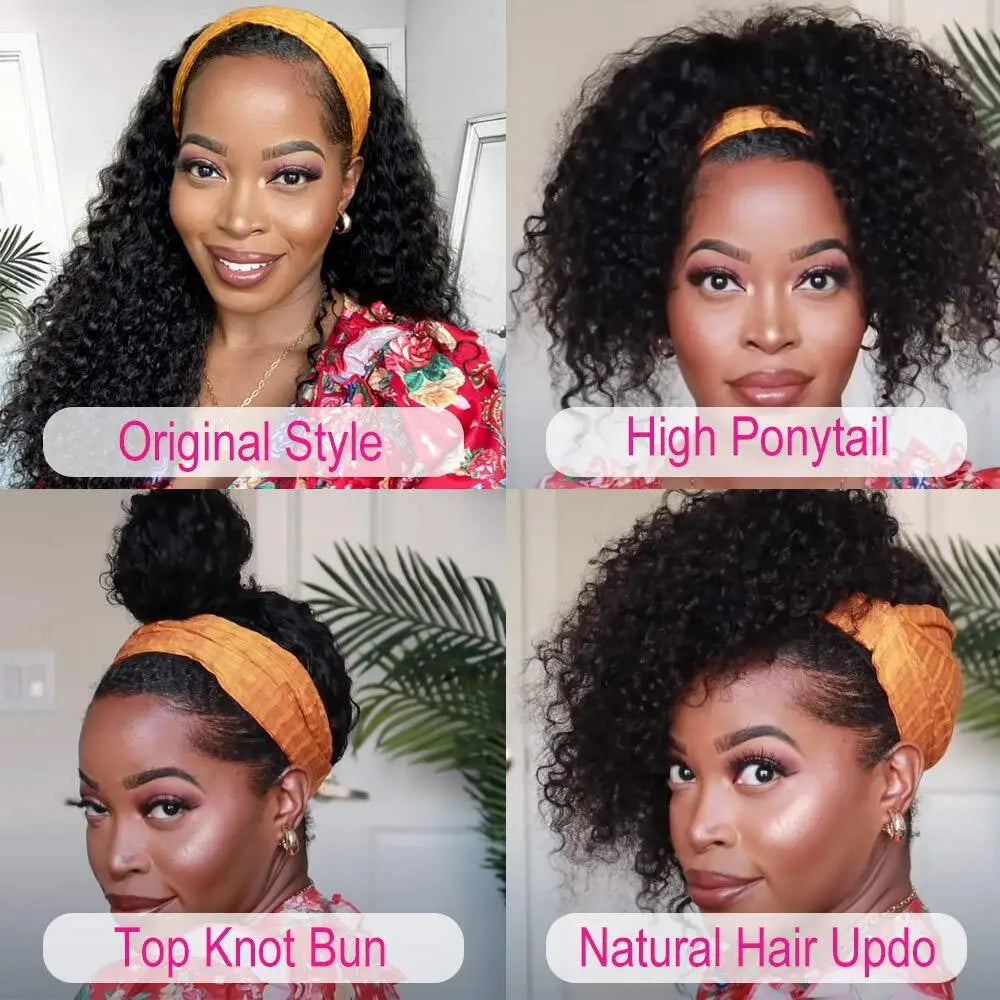 Kinky Curly Headband Wig – MYLOCKME Brazilian Remy Human Hair, 180% Density, Glueless Full Machine Made Wig for Women