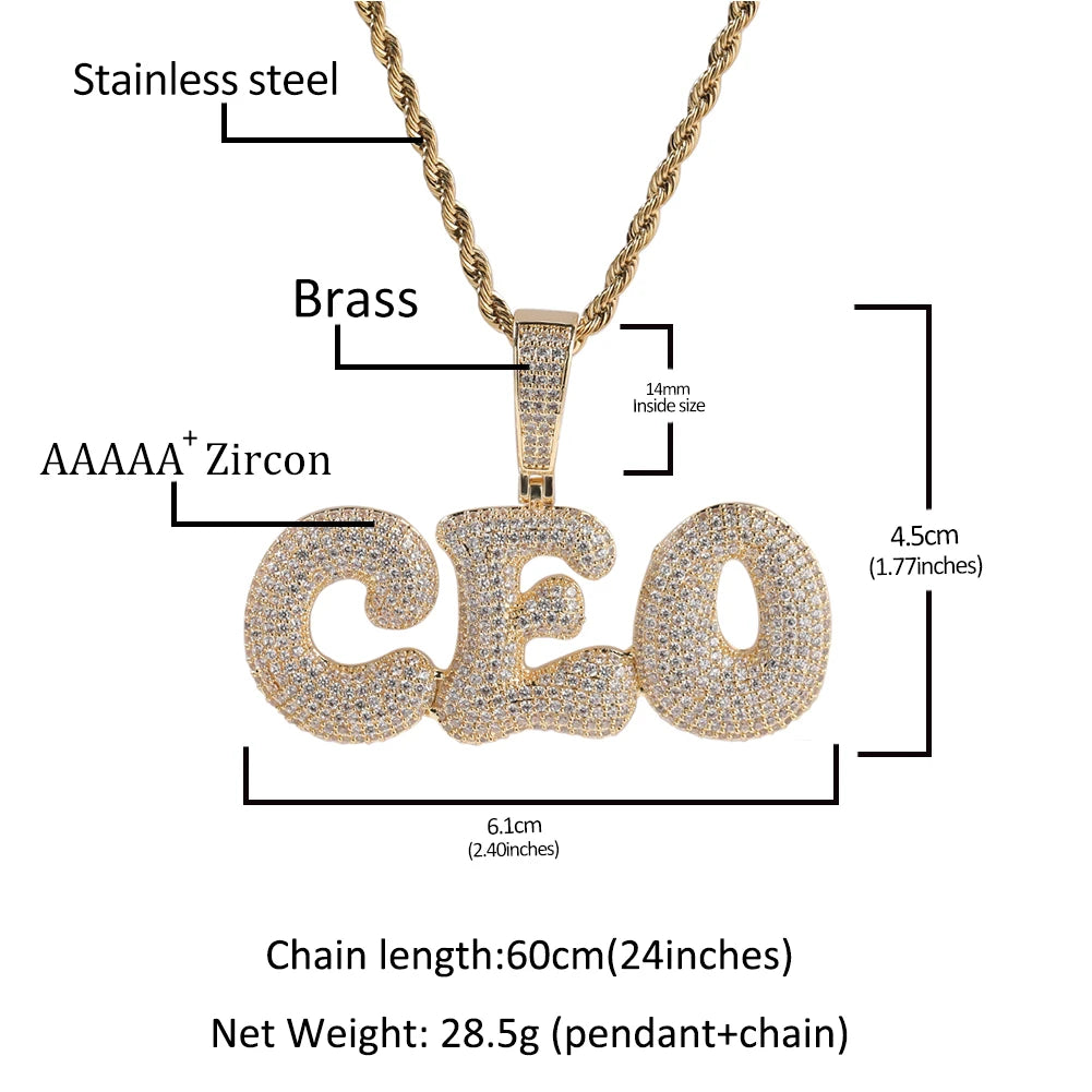 New Men's Trendy Creative Iced Out Cz Initial Pendant Necklace Custom Diamond Bubble Font Letter Name Jewelry