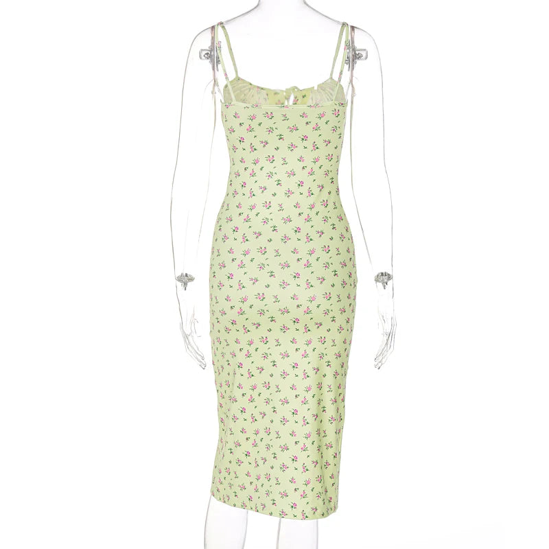 Hugcitar 2025 Floral Satin Slip Maxi Dress – Sleeveless Ruched Bandage Cut Out Party Dress