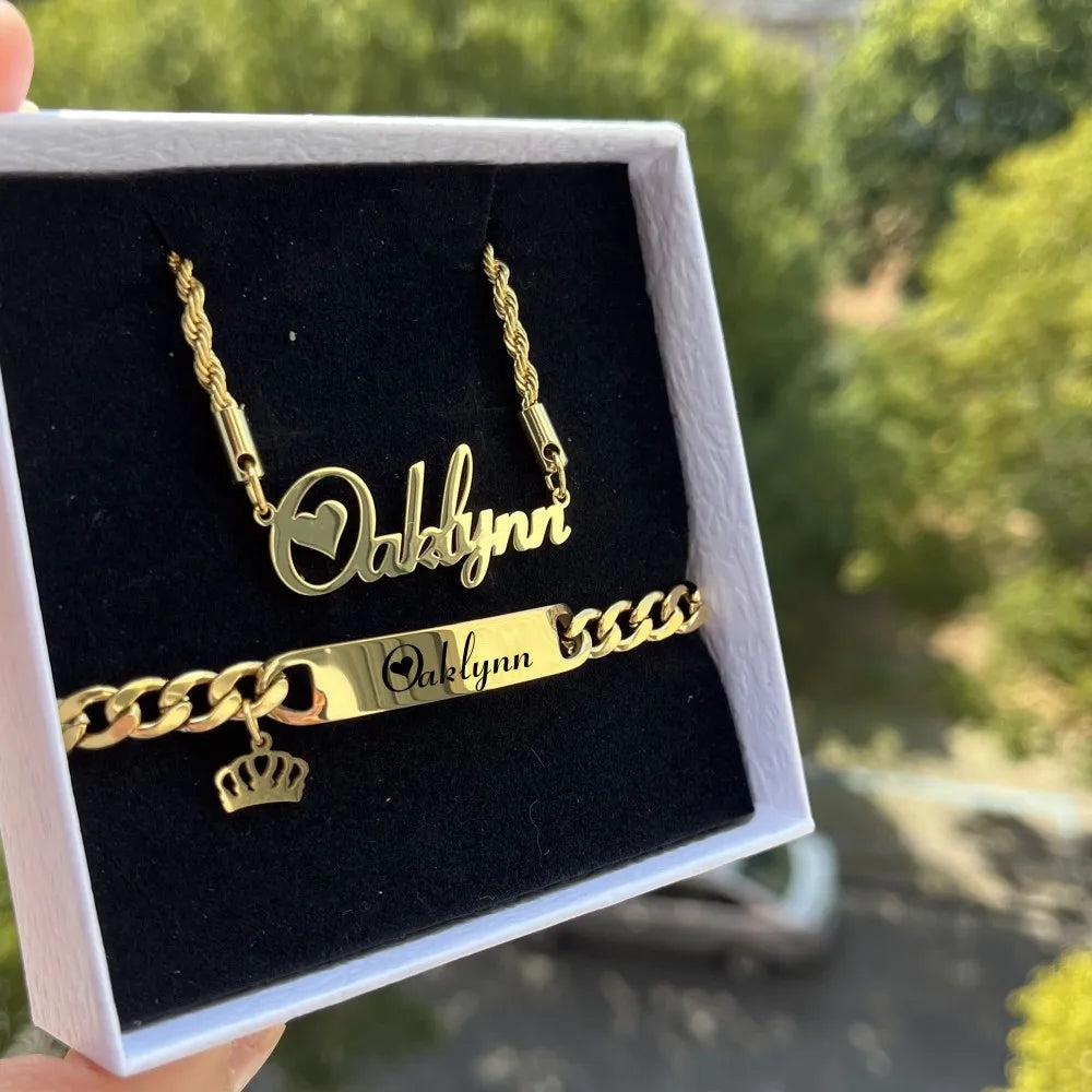 QIUHAN Cuban Crown Name Bracelet Letter Pendant Necklace for Kids Custom Boys Jewelry Set
